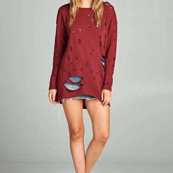 Burgundy Deep Red Distressed Ripped Sweater - Picture 2 of 4
